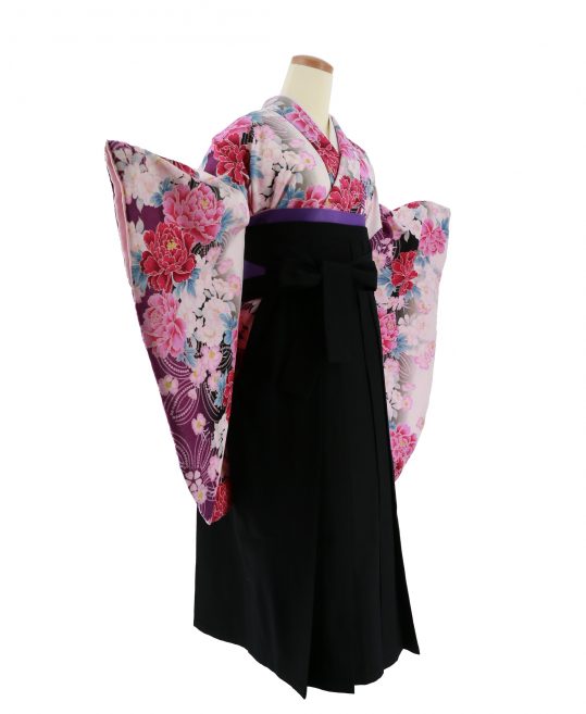 卒業式袴レンタルNo.725[クール]紫×黒グラデ・牡丹